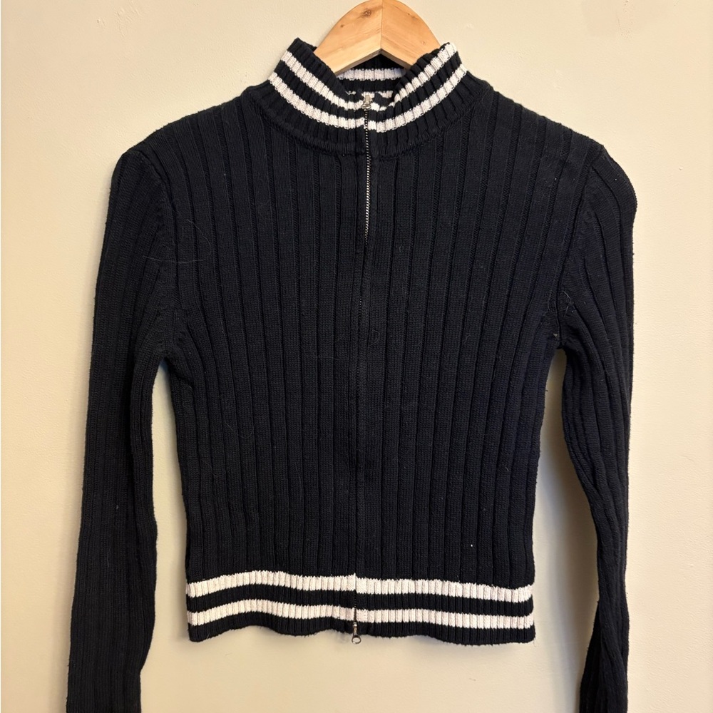 Urban Outfitters Black Ribbed Zip-Up Sweater with White Stripes